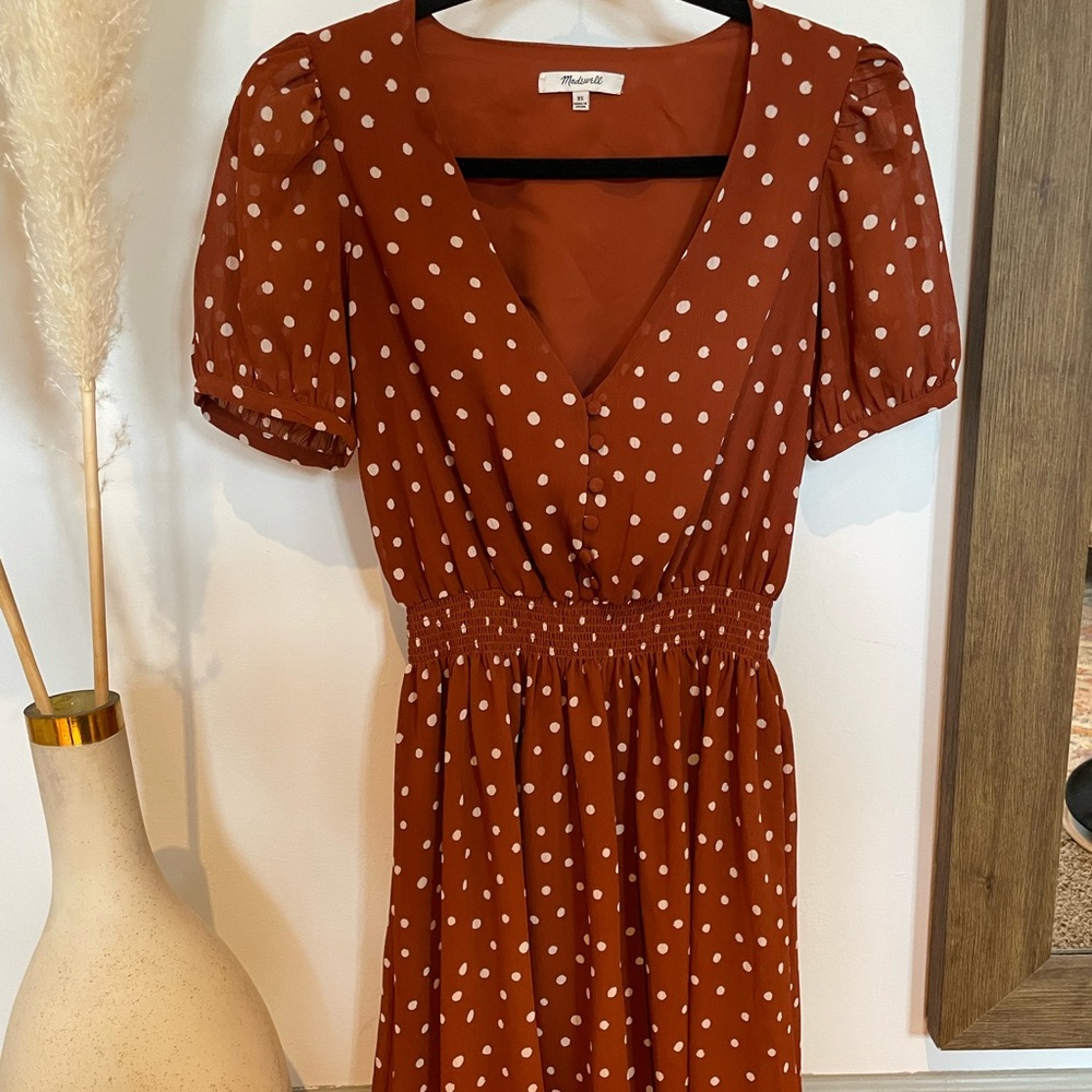 Madewell Rust Smock-Waist Babydoll Dress with Cream Polkadots, Size XS
